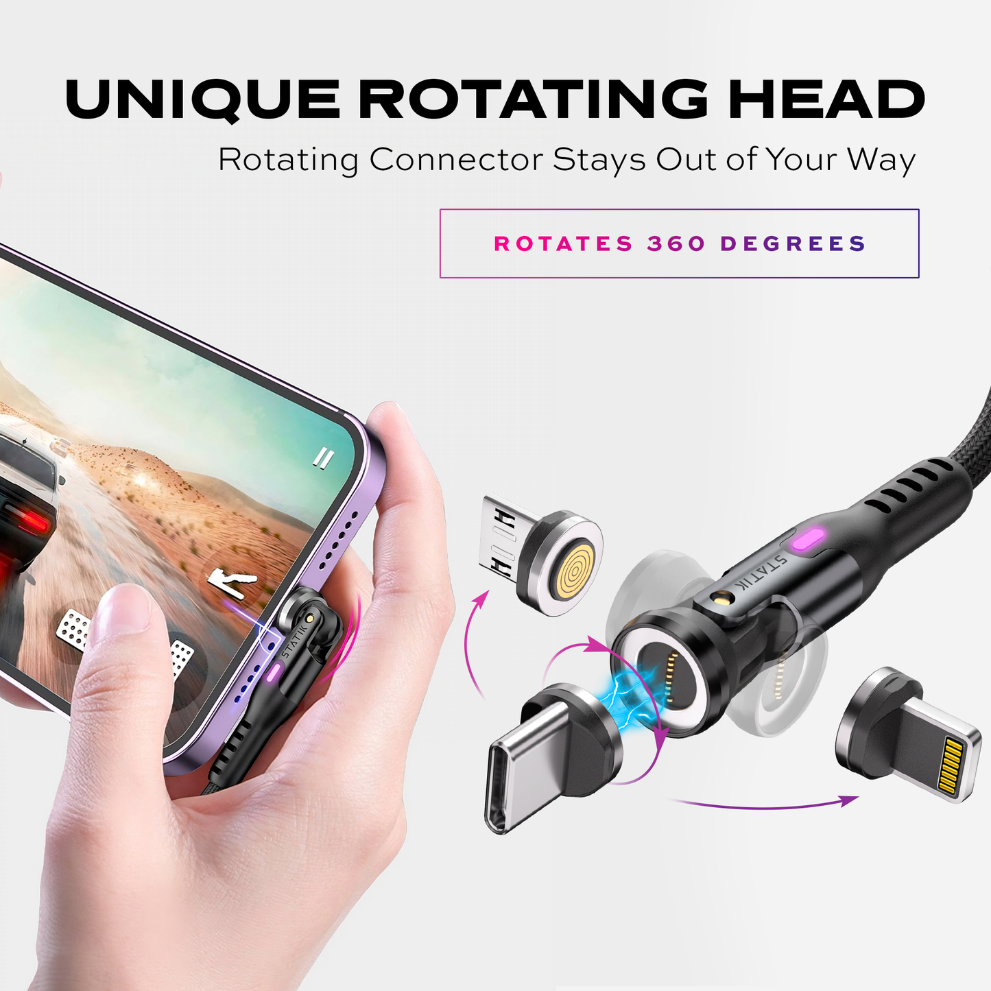 Statik® 360 Pro Ultra‑Fast Universal 5‑in‑1 Magnetic Charging Cable 3m