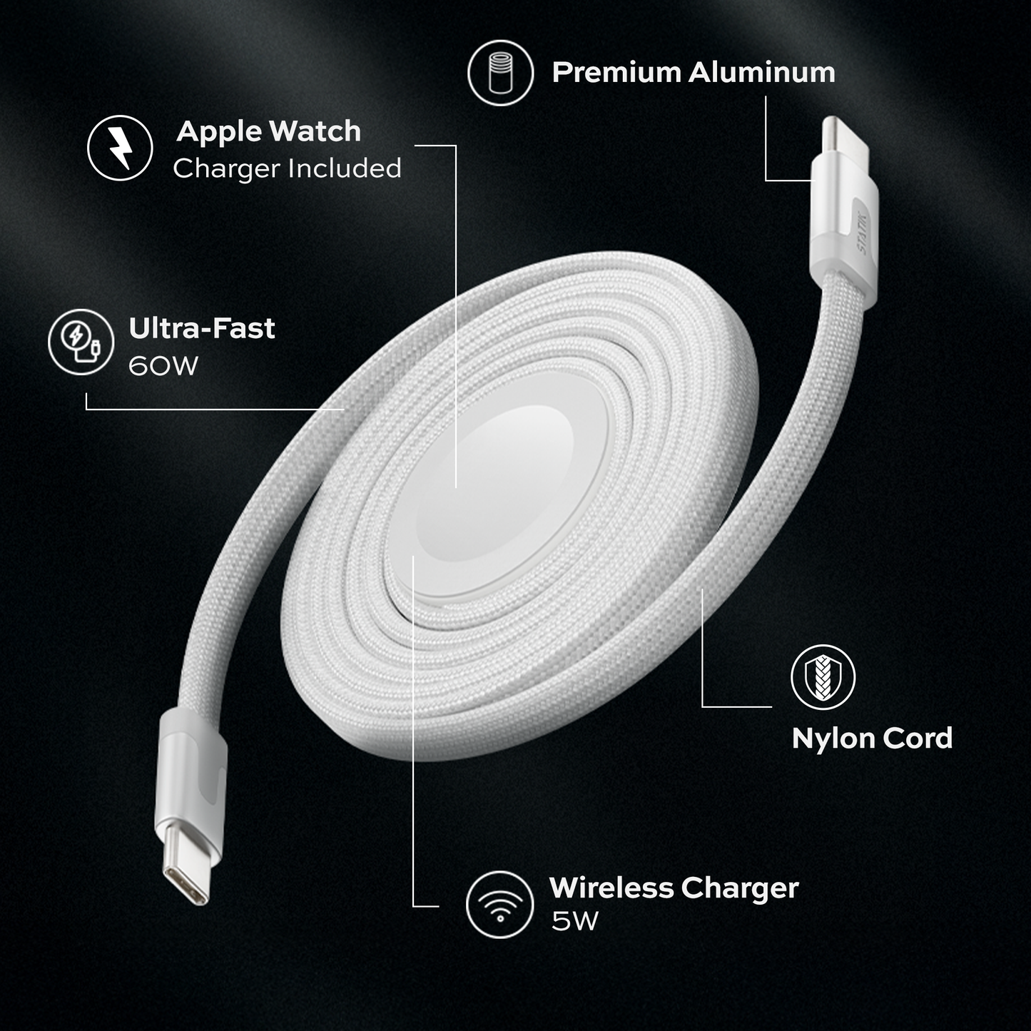 Statik® MagStack Duo USB C Cable with Apple Watch Charger 1.5 m, White