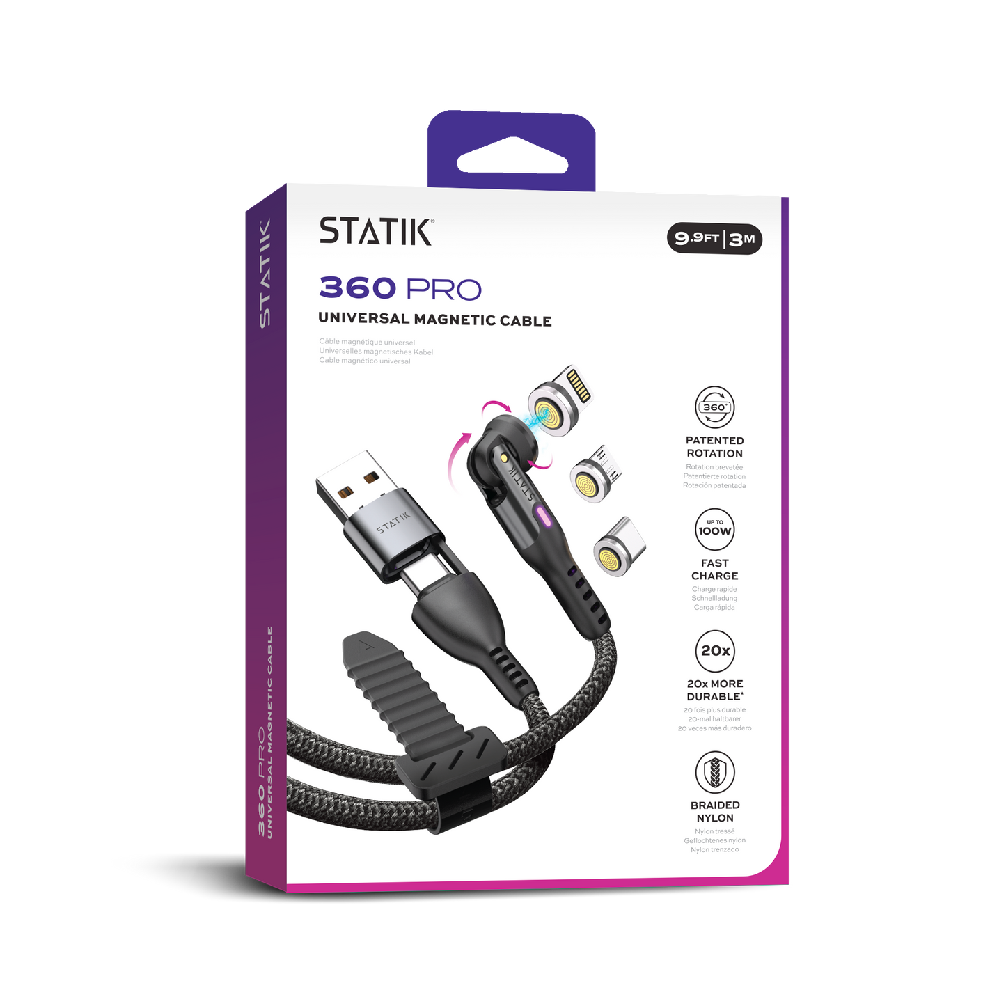 Statik® 360 Pro Ultra‑Fast Universal 5‑in‑1 Magnetic Charging Cable 3m