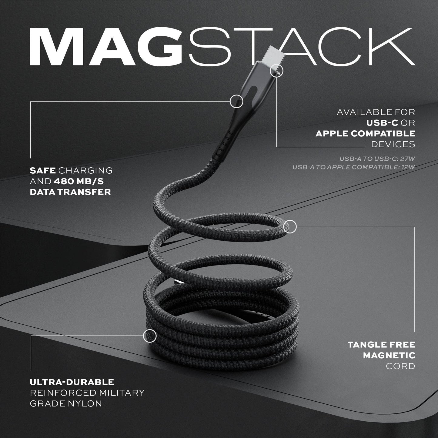 Statik® MagStack USB A to USB C Cable 1 m, Black