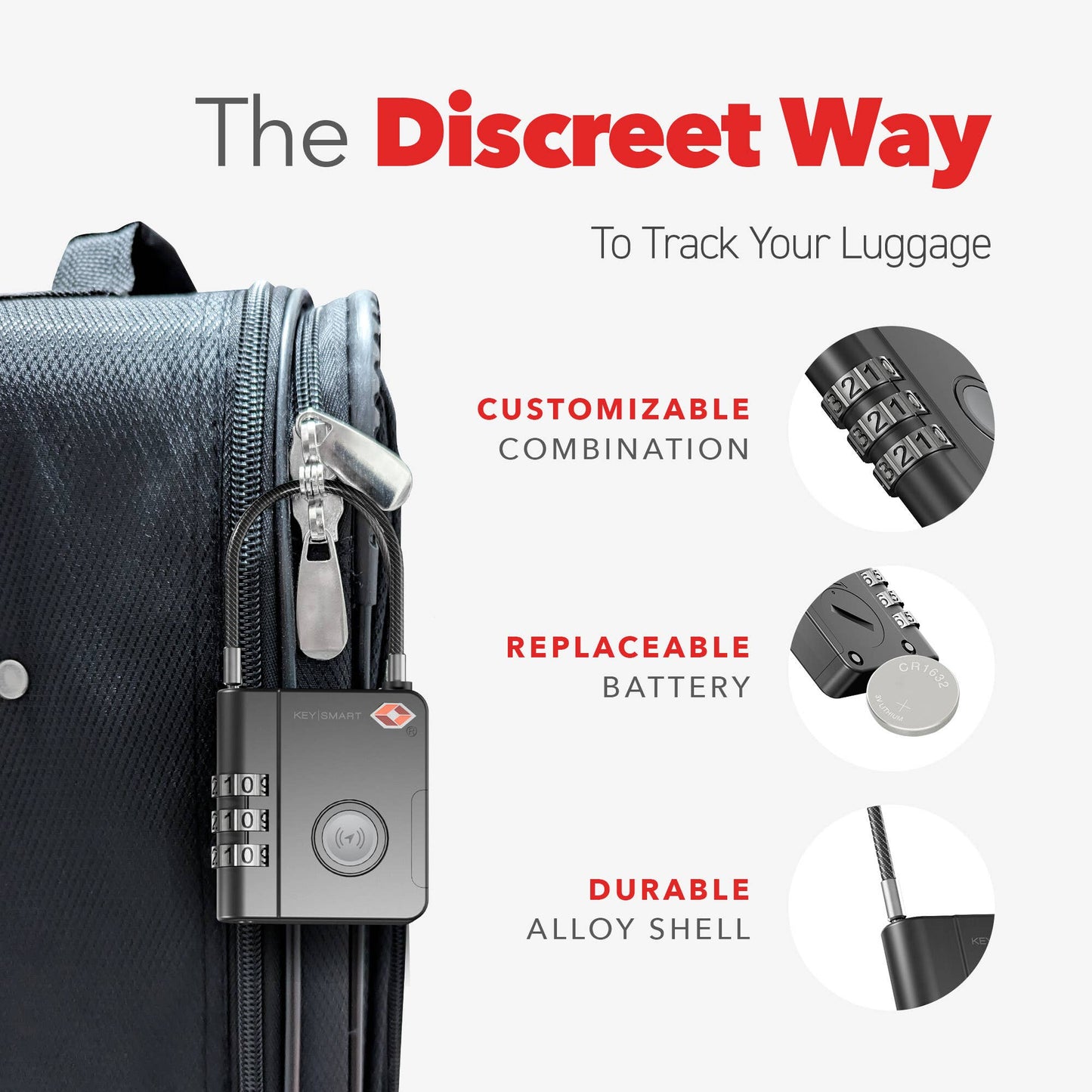 KeySmart® SmartLock Tracking Luggage Lock, Black