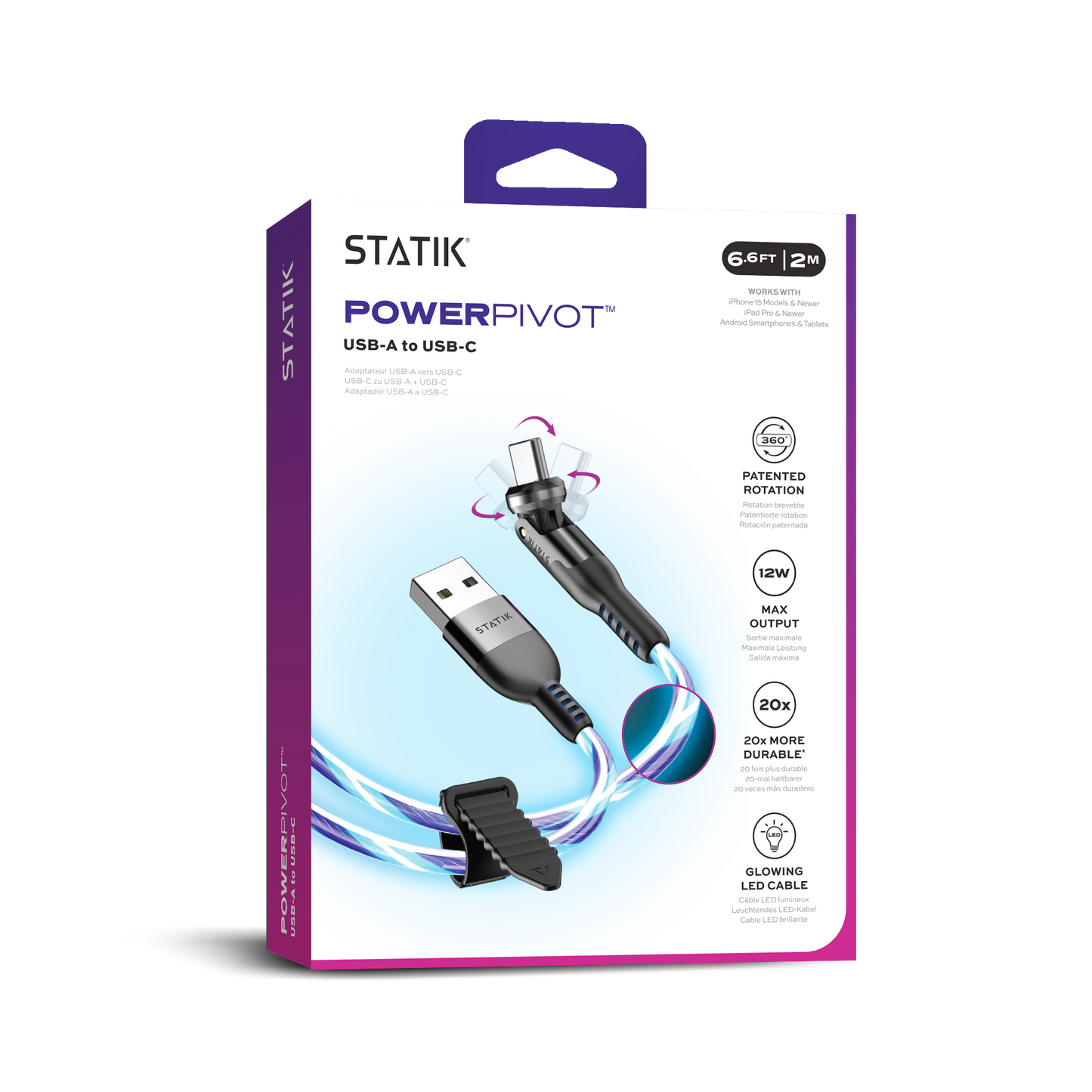 Statik® PowerPivot USB A to USB C Cable 2 m, GloBright
