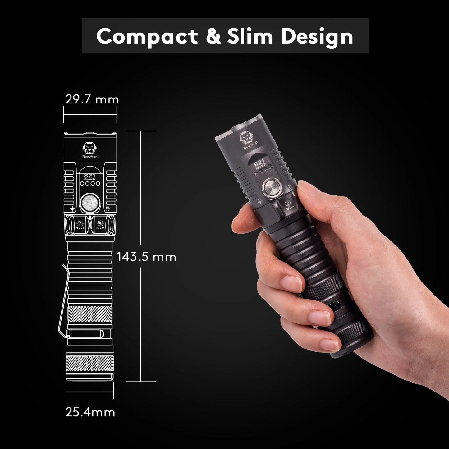 RovyVon S21 Compact Search Flashlight 6500K, Black