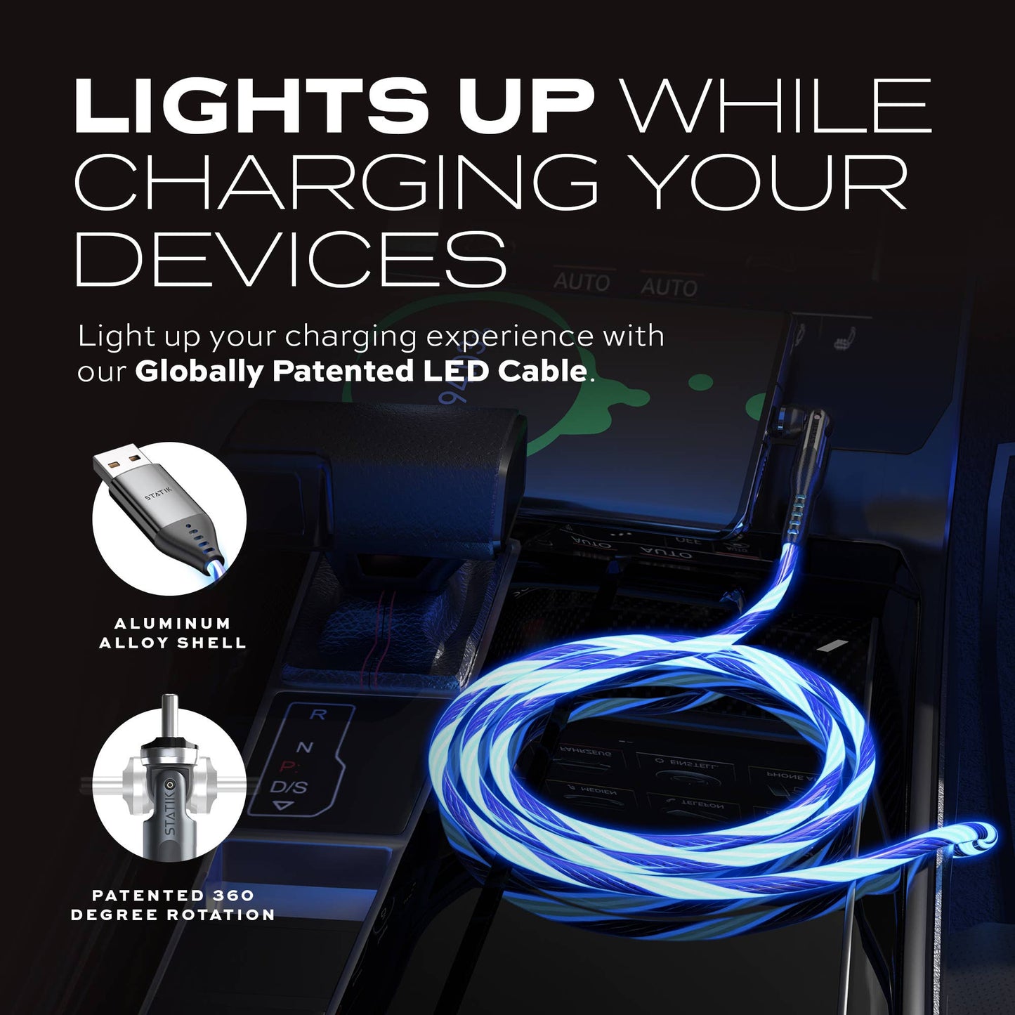 Statik® PowerPivot USB A to USB C Cable 2 m, GloBright