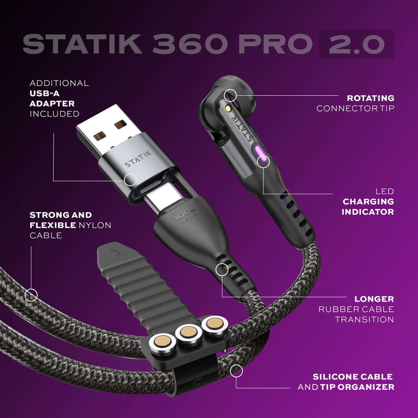 Statik® 360 Pro Ultra‑Fast Universal 5‑in‑1 Magnetic Charging Cable 3m