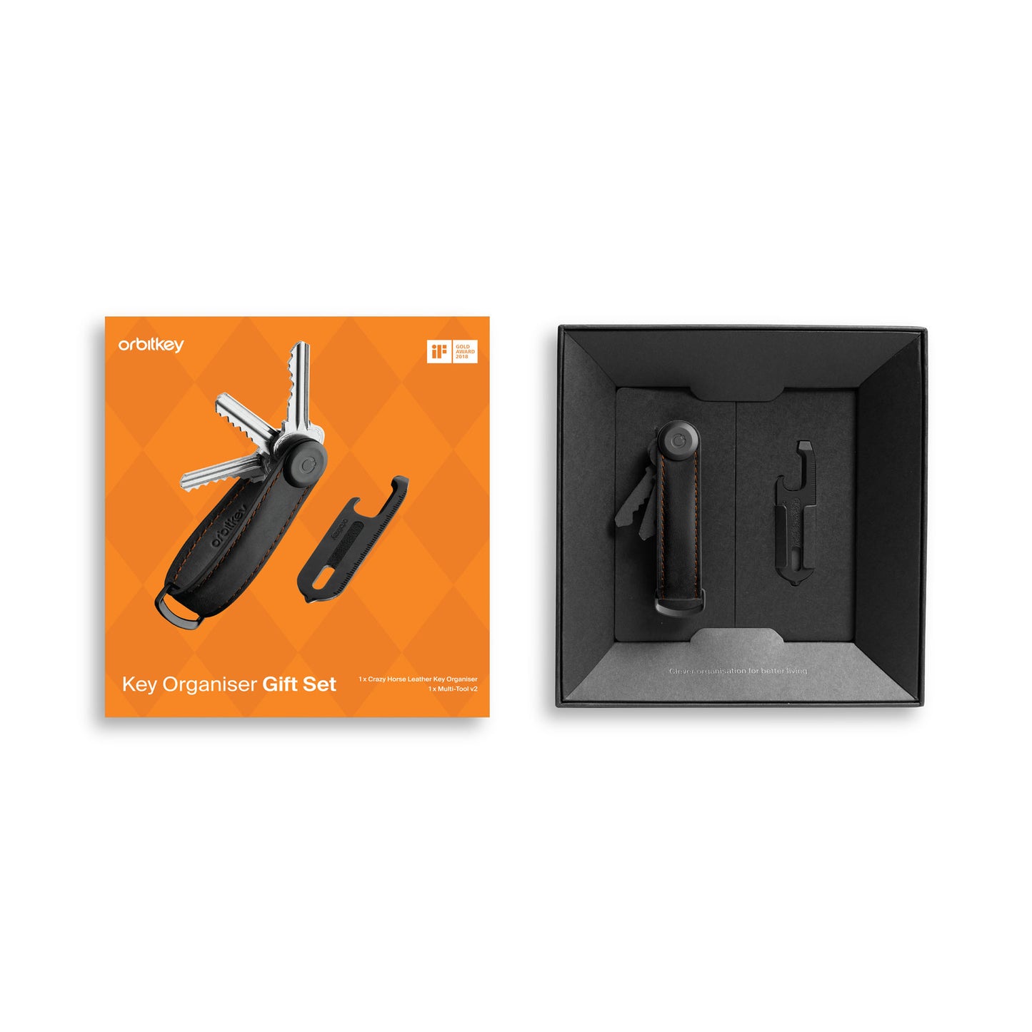 Orbitkey Key Organiser Crazy Horse + Multi-Tool v2 Set, Black/Orange