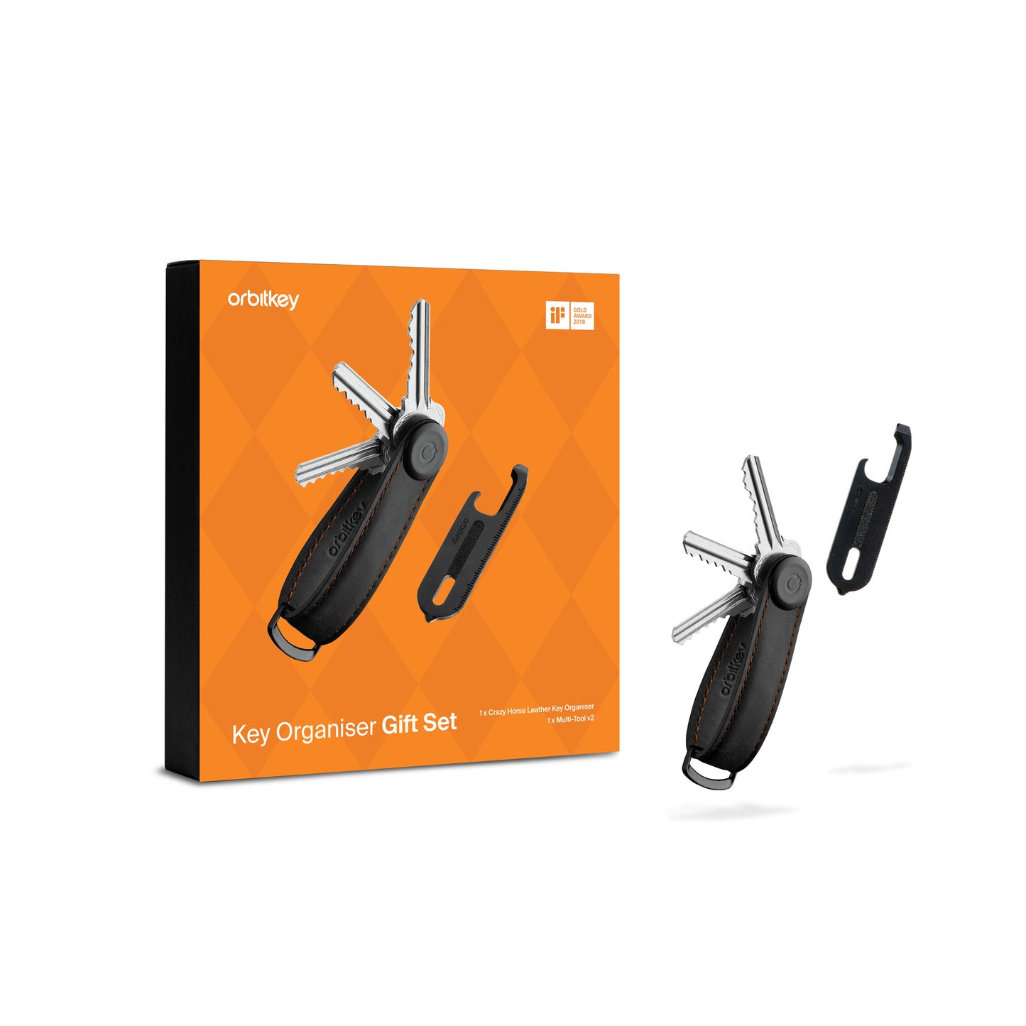 Orbitkey Key Organiser Crazy Horse + Multi-Tool v2 Set, Black/Orange