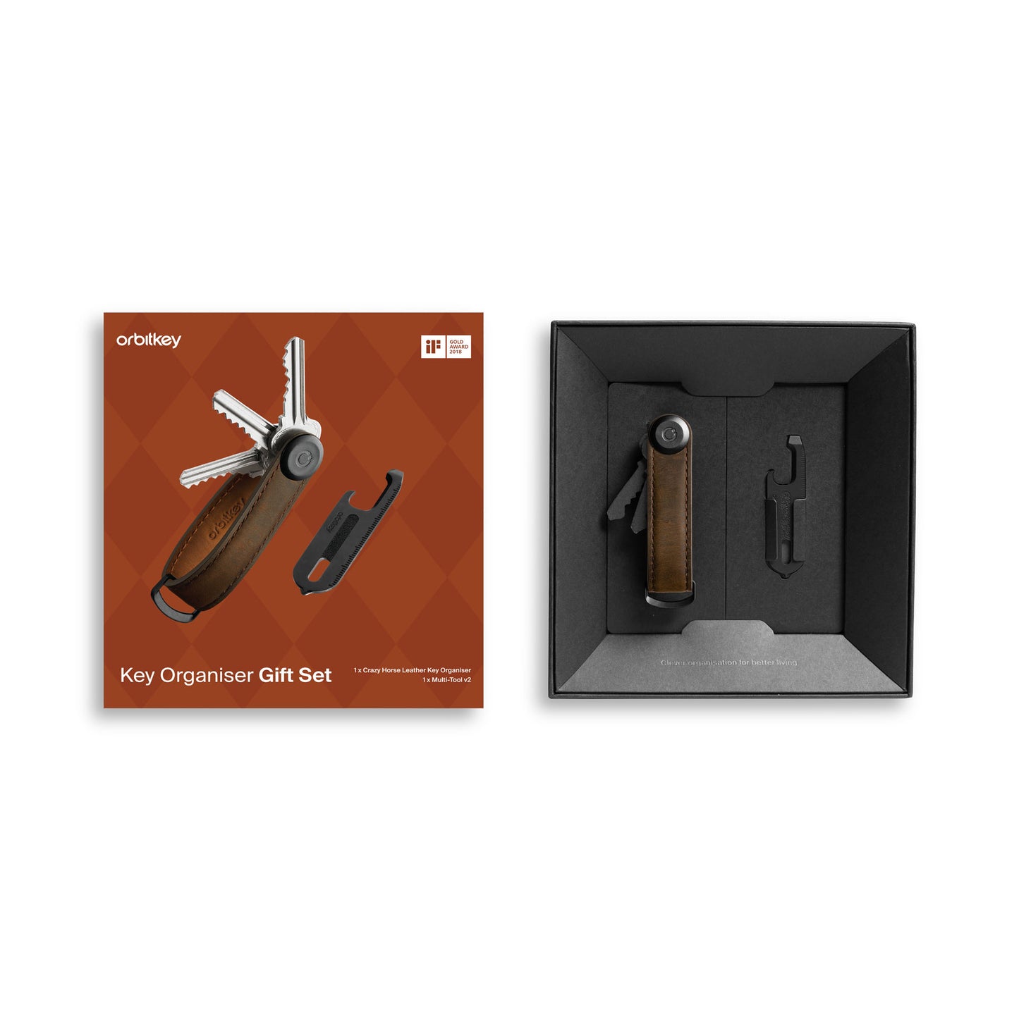 Orbitkey Key Organiser Crazy Horse + Multi-Tool v2 Set, Oak Brown/Brown