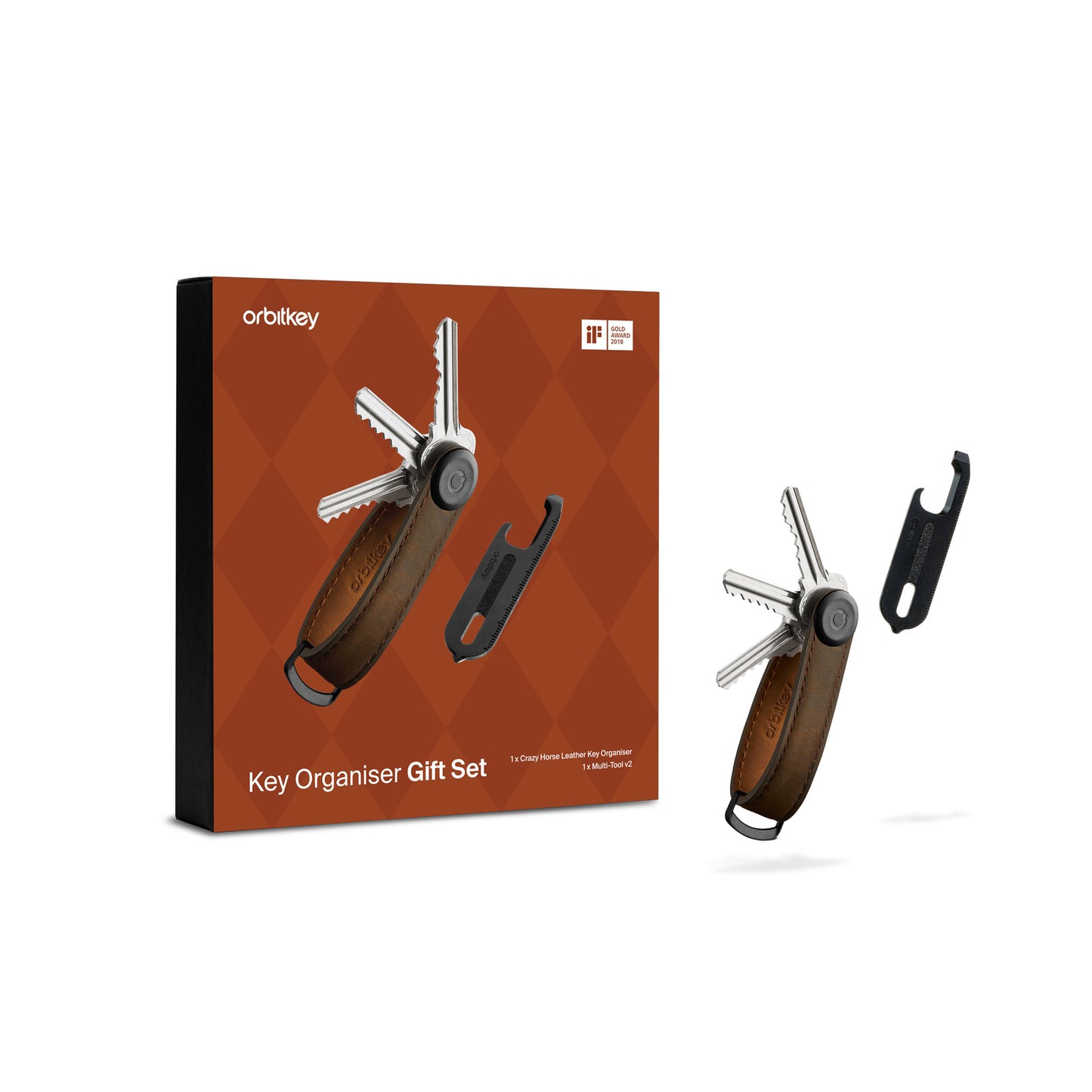 Orbitkey Key Organiser Crazy Horse + Multi-Tool v2 Set, Oak Brown/Brown