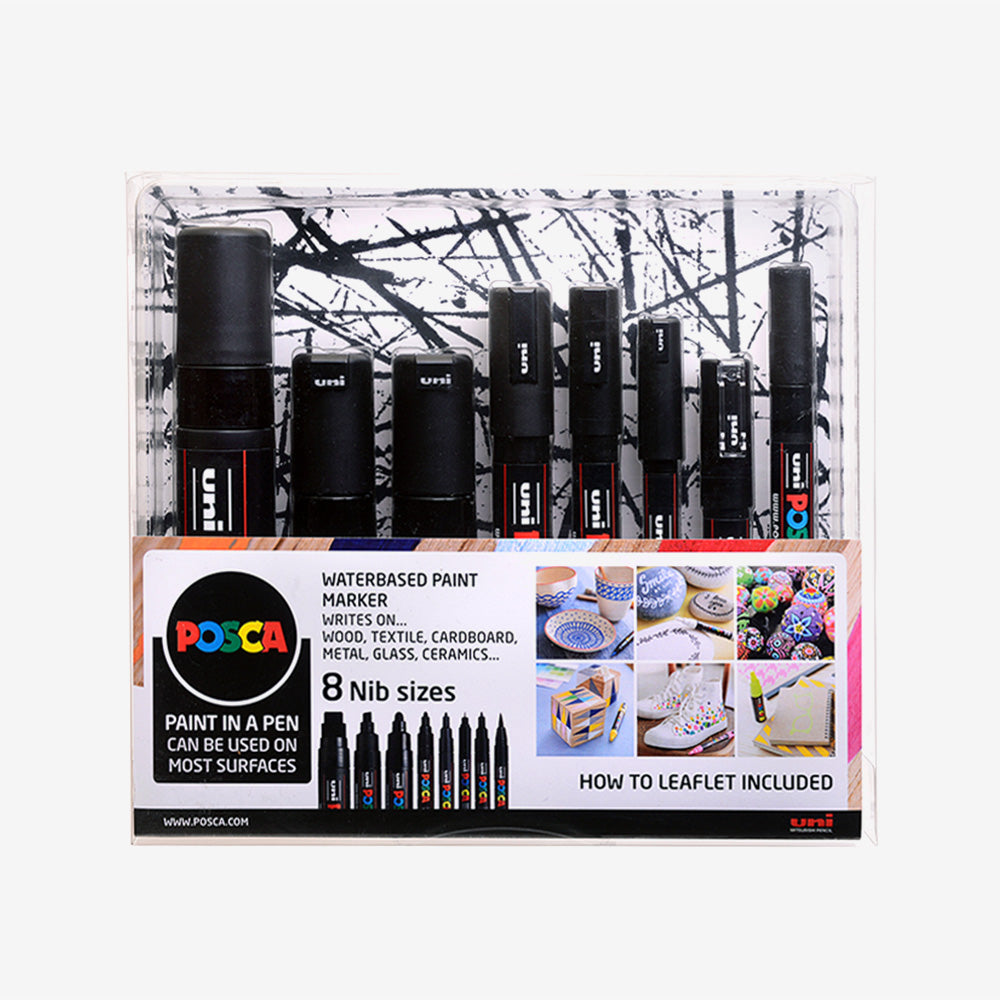 POSCA 8 Nib Sizes, All Black 8-pakk
