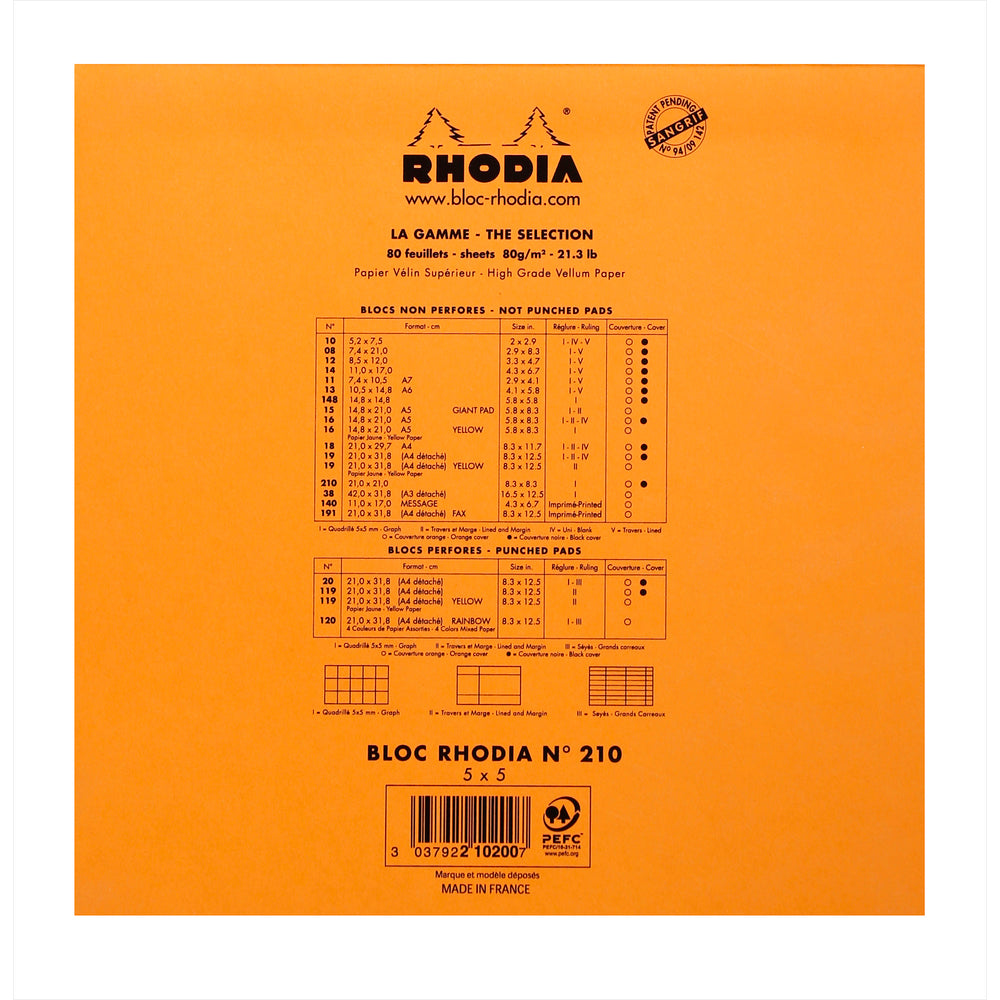 Rhodia Head Stapled Pad No.210 Le Carré, Squared