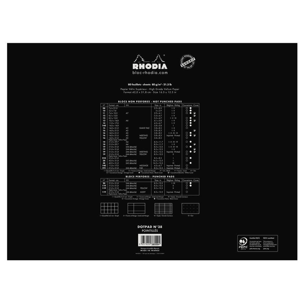 Rhodia Head Stapled Pad No.38 A3+ Black, Dot Pad