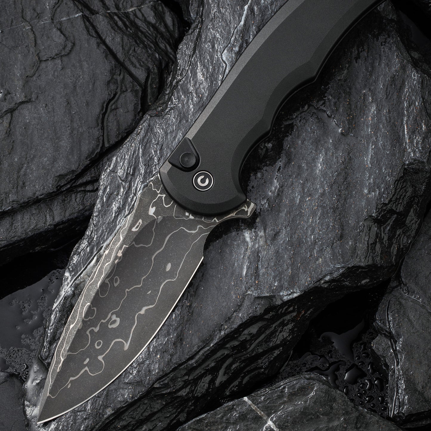 Civivi Button Lock Praxis Knife, Black Aluminium / Damascus