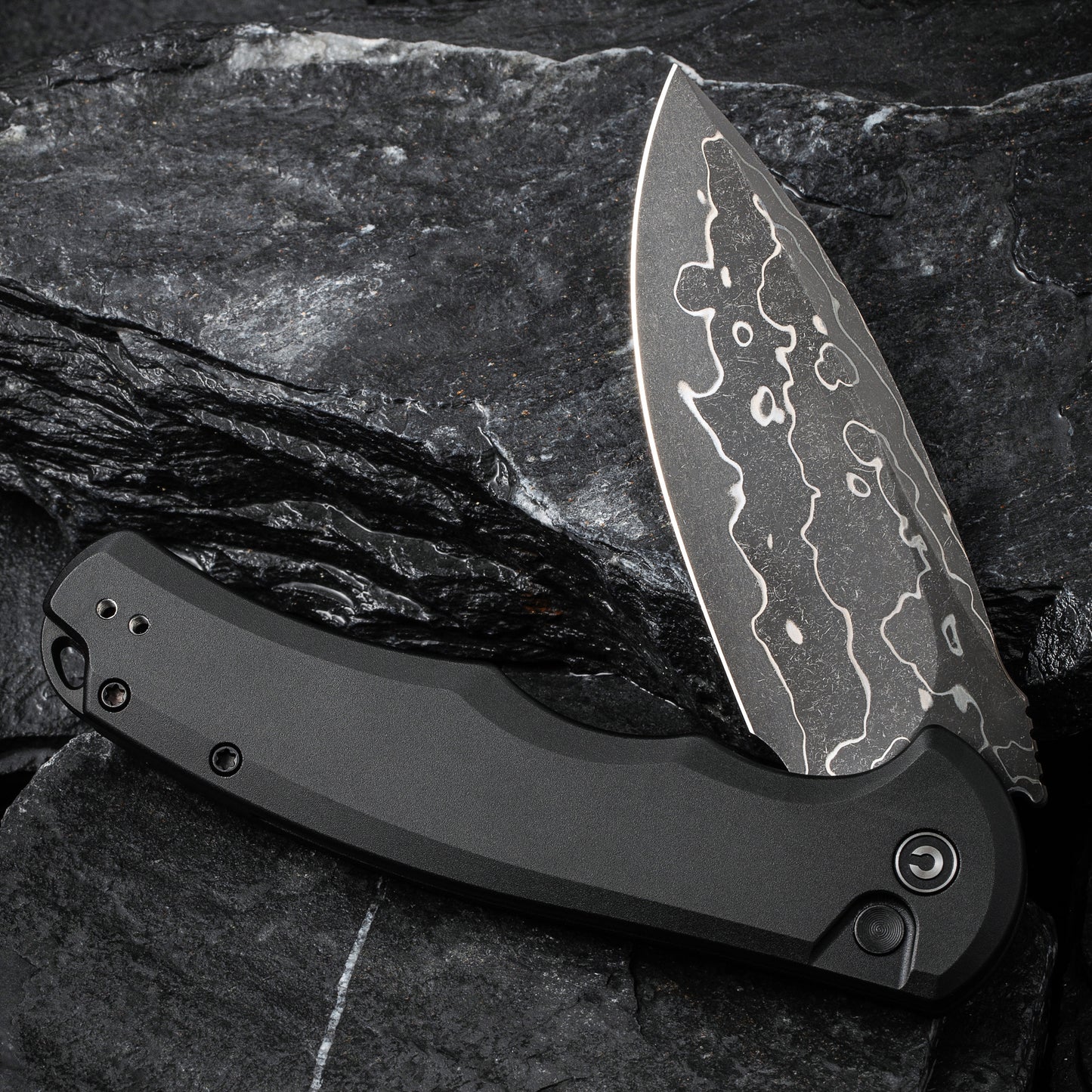 Civivi Button Lock Praxis Knife, Black Aluminium / Damascus