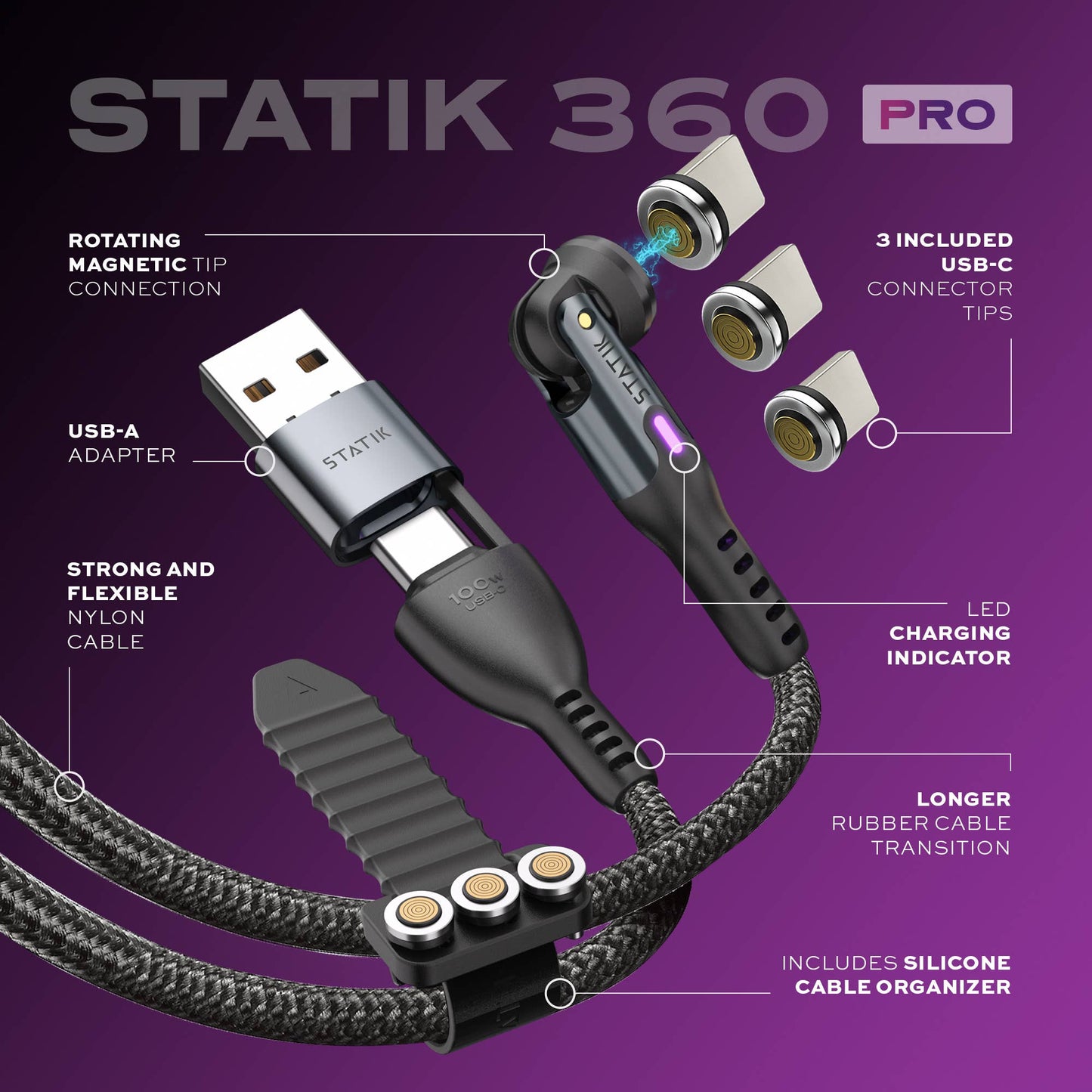 Statik® 360 Pro Magnetic Cable USB C Only 1.8 m, Black