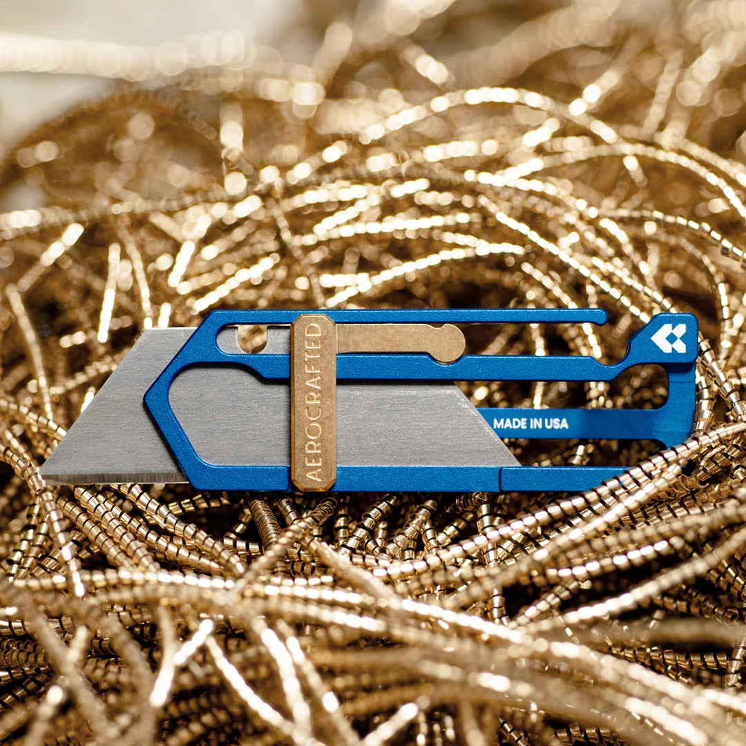 Aerocrafted Sideslip Utility Knife Electric Blue Aluminum/Bronze, Right-handed