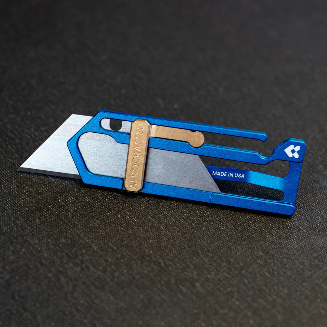 Aerocrafted Sideslip Utility Knife Electric Blue Aluminum/Bronze, Right-handed