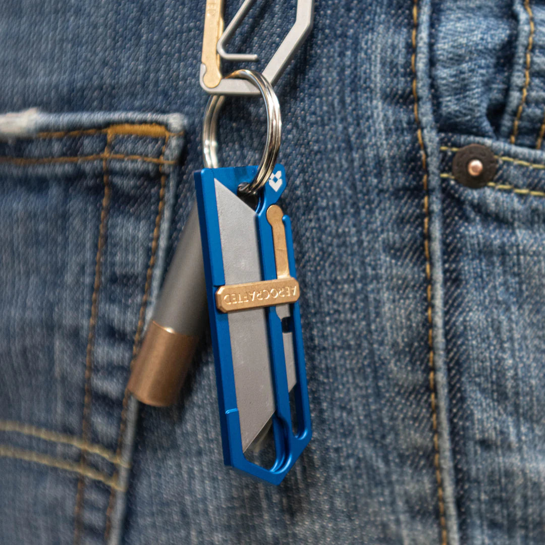 Aerocrafted Sideslip Utility Knife Electric Blue Aluminum/Bronze, Right-handed