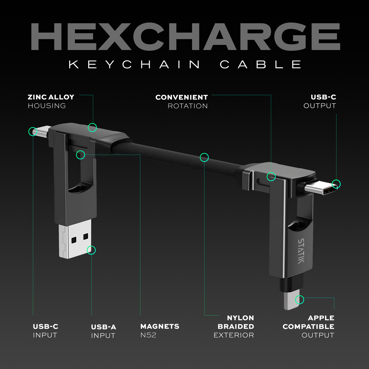 Statik® HexCharge Universal Fast Charging Cable, Black