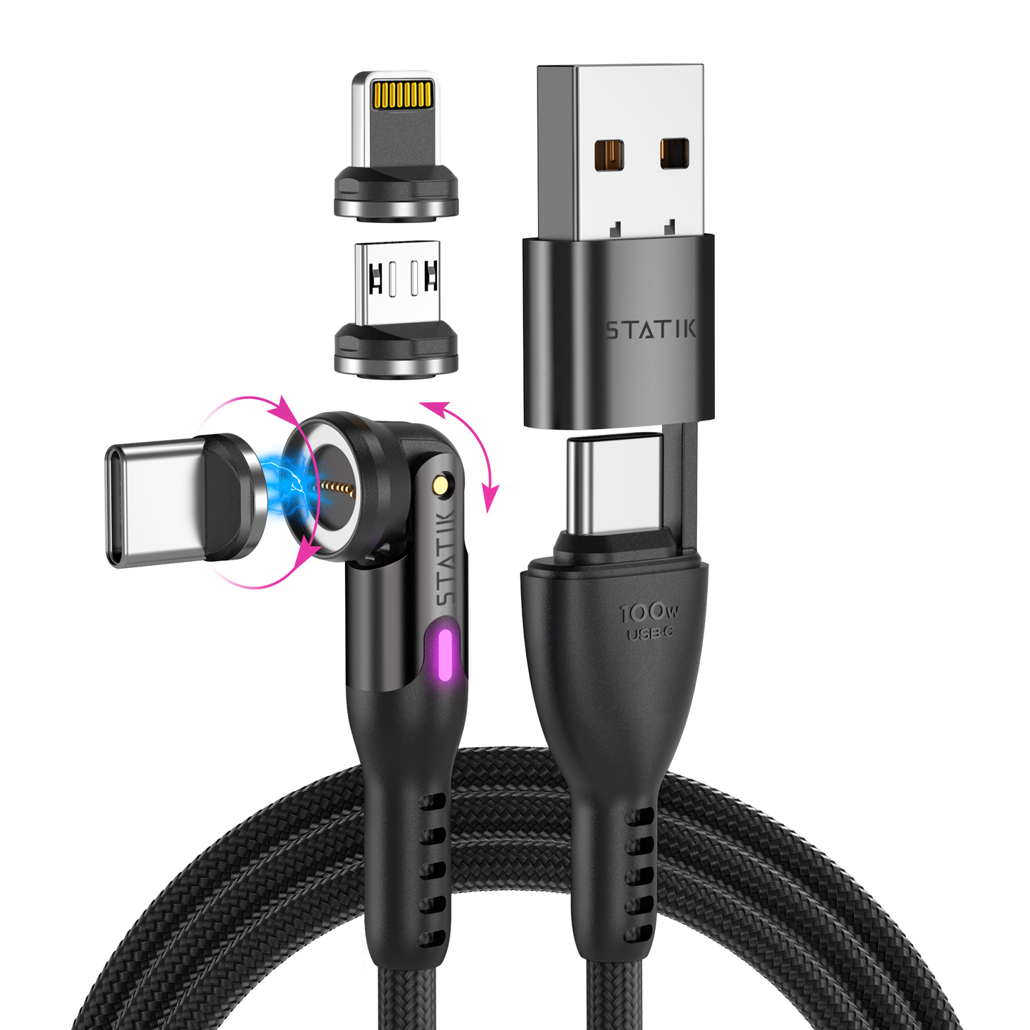 Statik® 360 Pro Ultra‑Fast Universal 5‑in‑1 Magnetic Charging Cable 3m