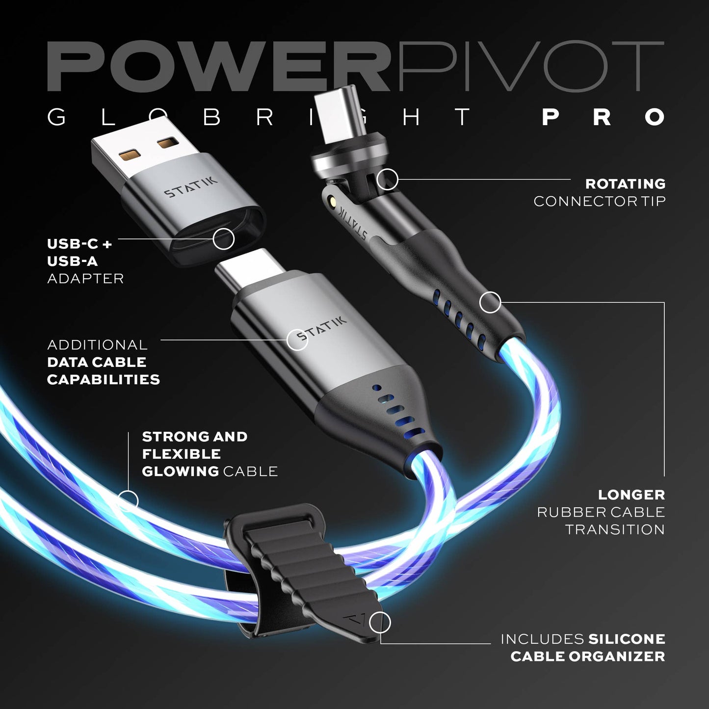 Statik® PowerPivot Pro USB C to USB C Cable, GloBright