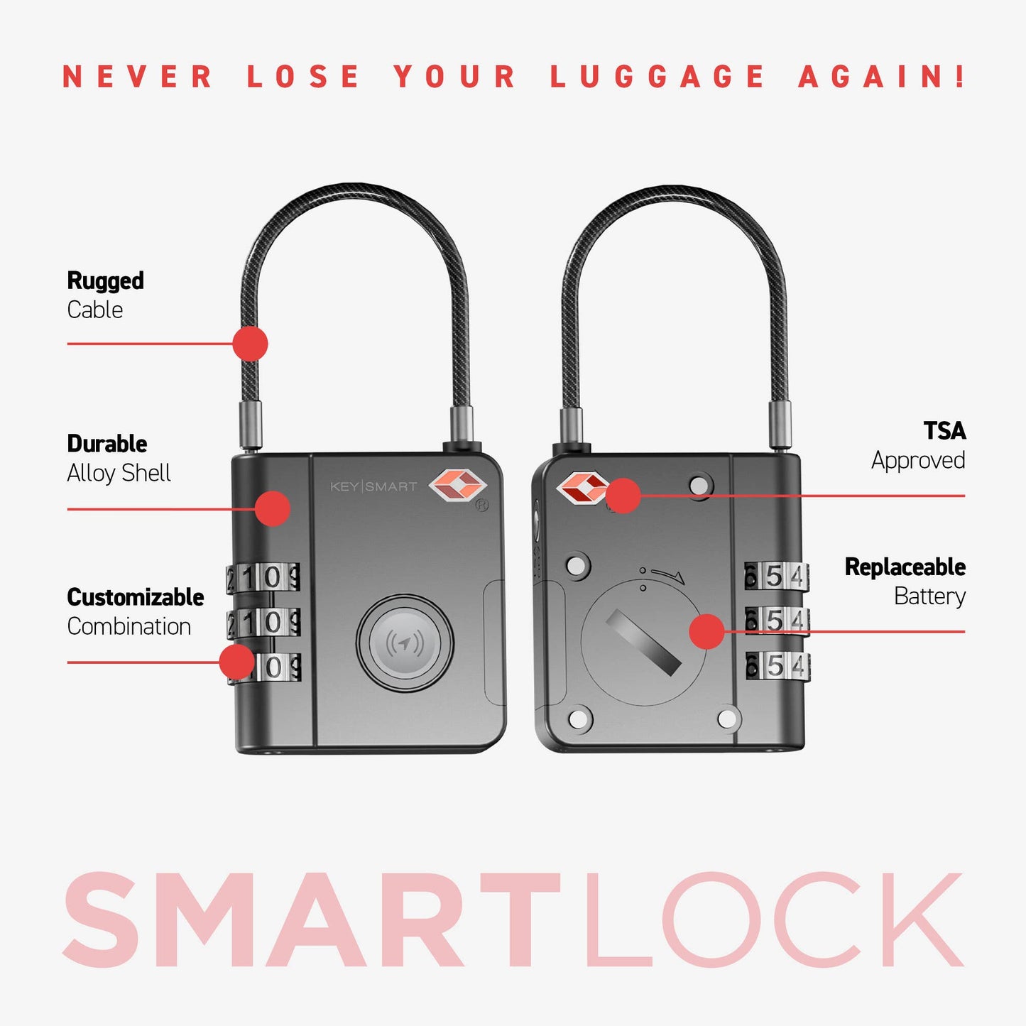 KeySmart® SmartLock Tracking Luggage Lock, Black