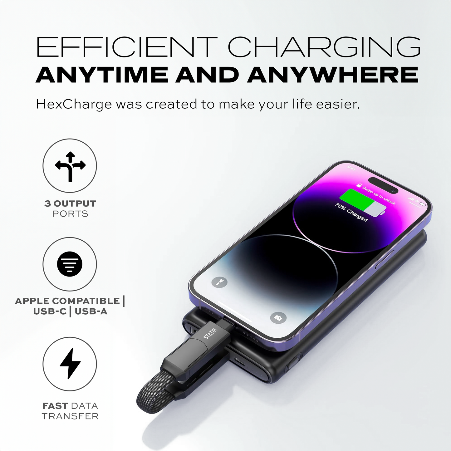 Statik® HexCharge Universal Fast Charging Cable, Black