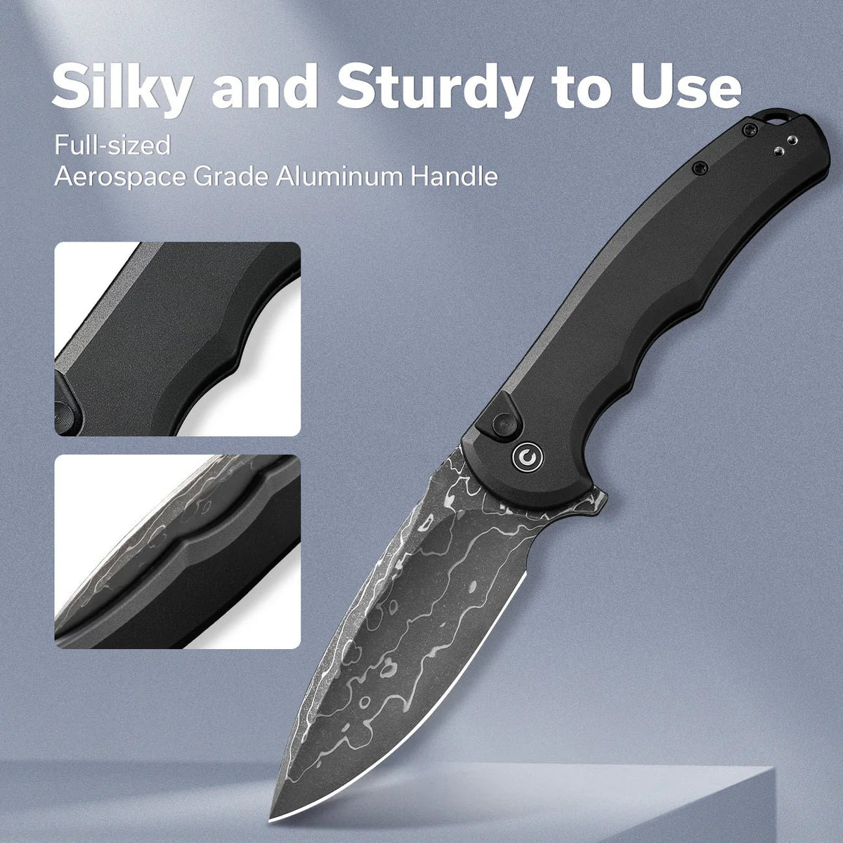 Civivi Button Lock Praxis Knife, Black Aluminium / Damascus
