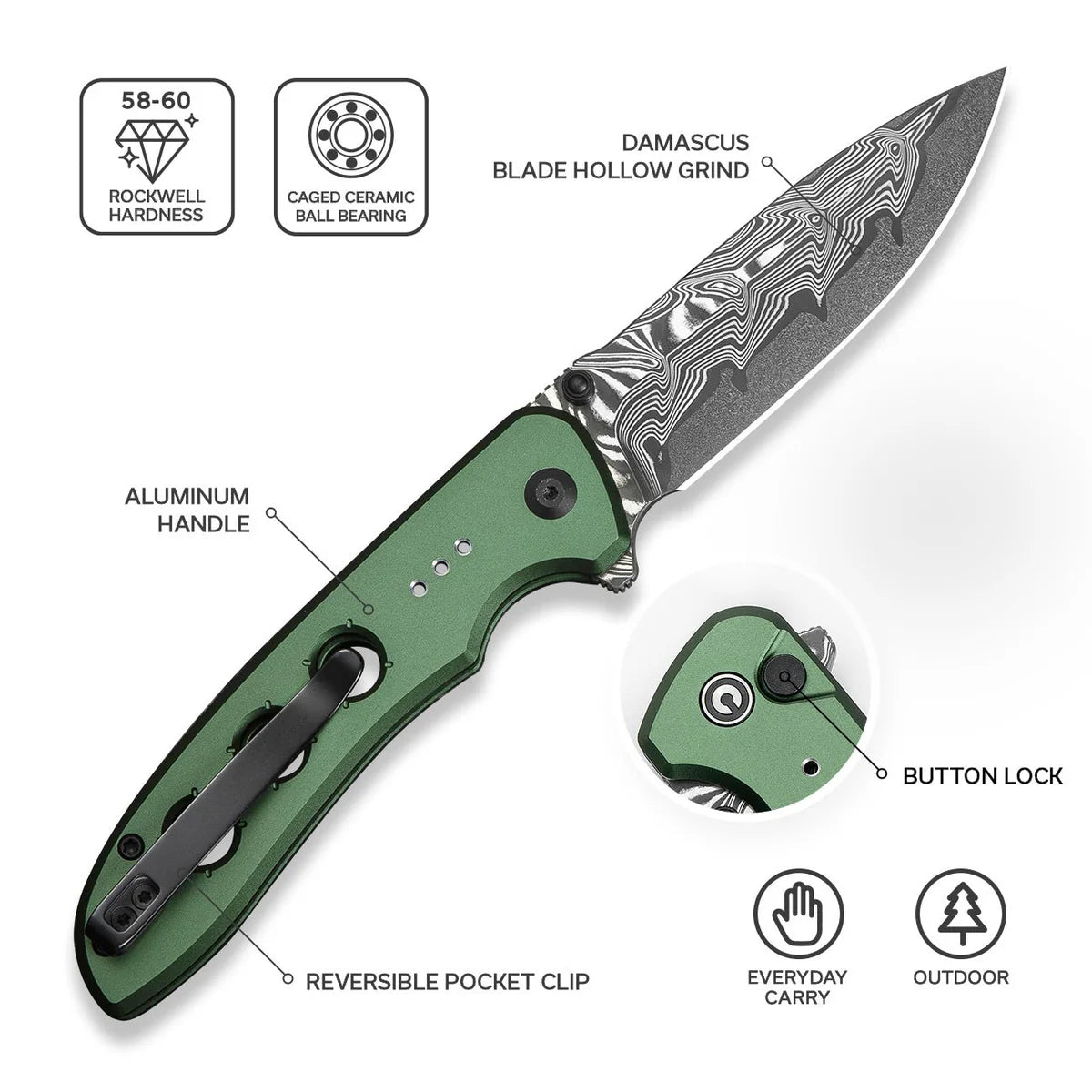 Civivi Hyperpulse, Green / Damascus Blade