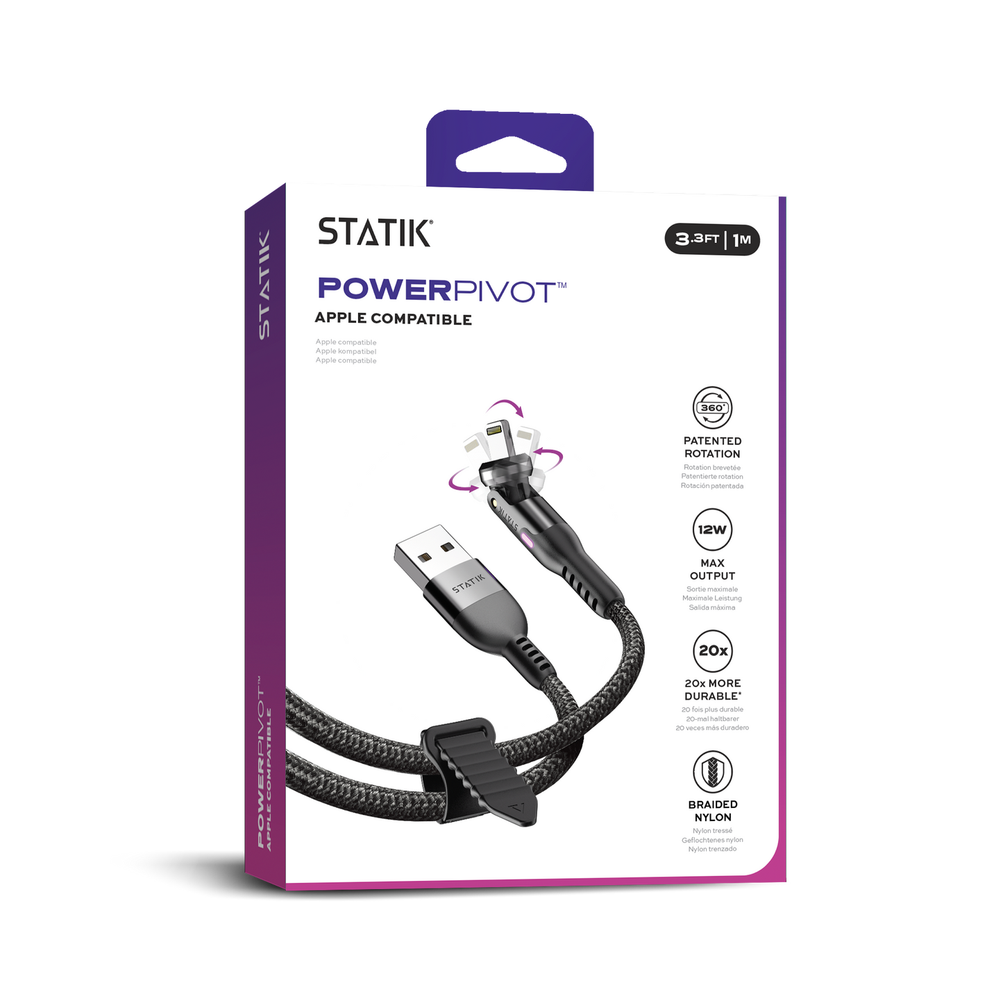 Statik® PowerPivot Rotating Head USB A to USB C Cable 1 m, Black