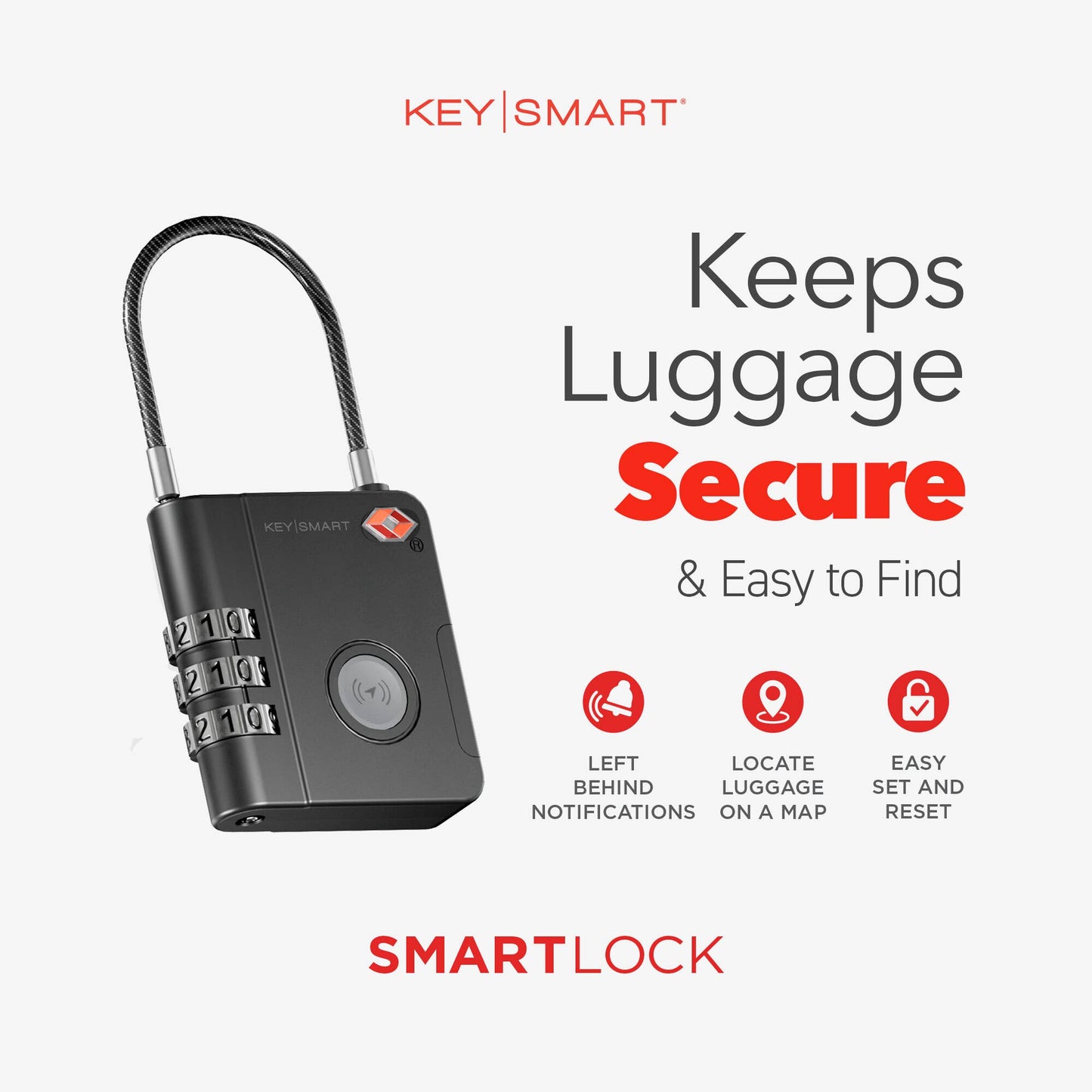 KeySmart® SmartLock Tracking Luggage Lock, Black