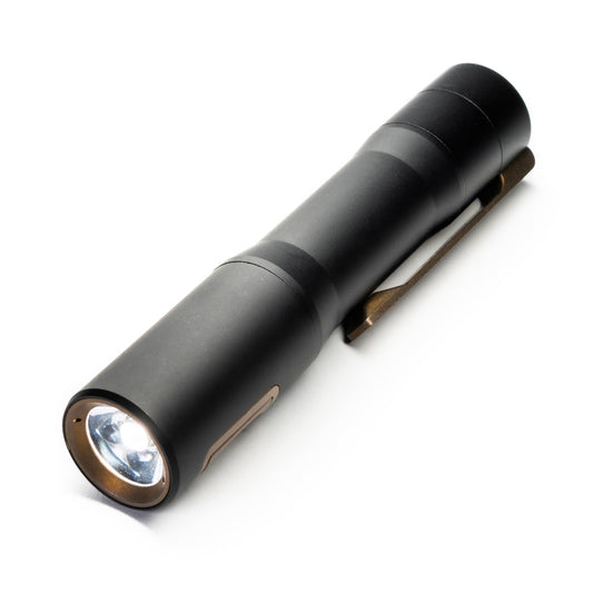 Exceed Designs RAMPANT™ R8 EDC Flashlight (Works Edition BRONZE Ti ANO Clip + Button + Bezel + Jet-Black Aluminum) 1300+ LUMENS Nichia 519A
