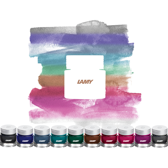 LAMY T 53 Crystal Ink-serien med alle ti farger.