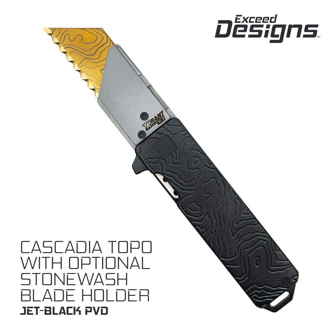 Exceed Designs TiRant RAZOR V3 Utility Knife, (Jet-Black 6AL-4V Titanium) Dual-SIde Milled CASCADIA TOPO Edition