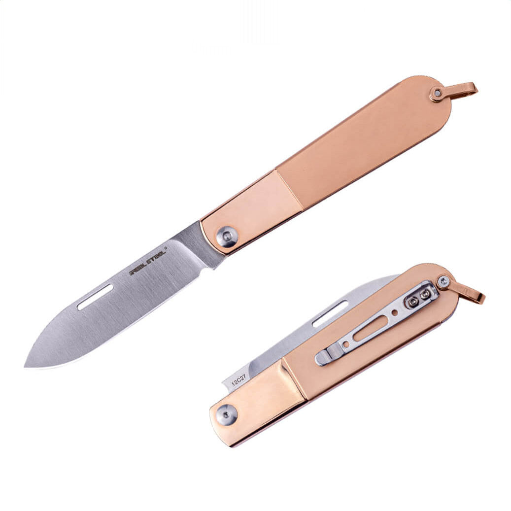 Böker Real Steel Real Barlow RB-3 Drop Point 12C27 Rosegold Steel
