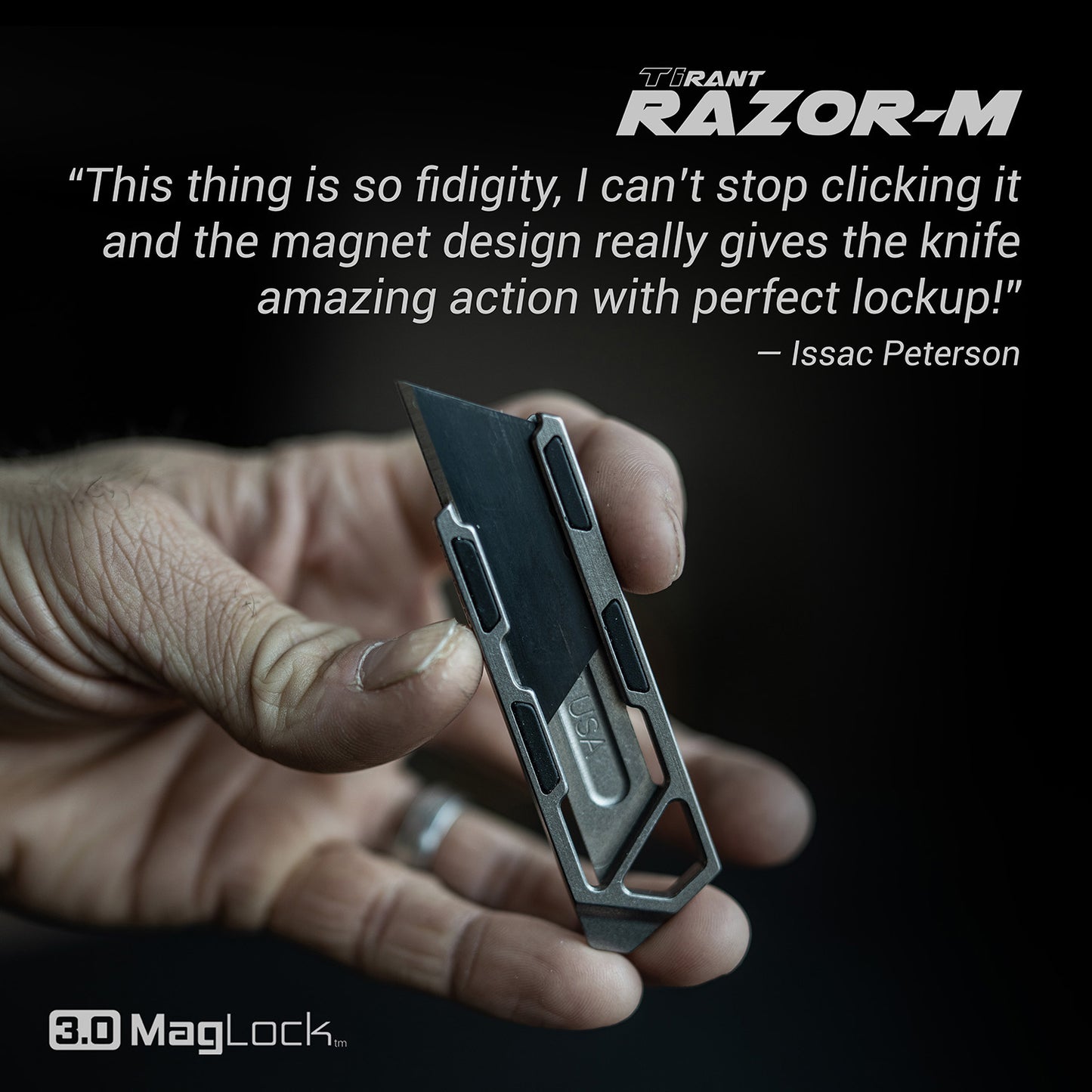 Exceed Designs TiRant RAZOR-M 3.0 MagLock Utility Knife, Stonewashed 6AL-4V Titanium