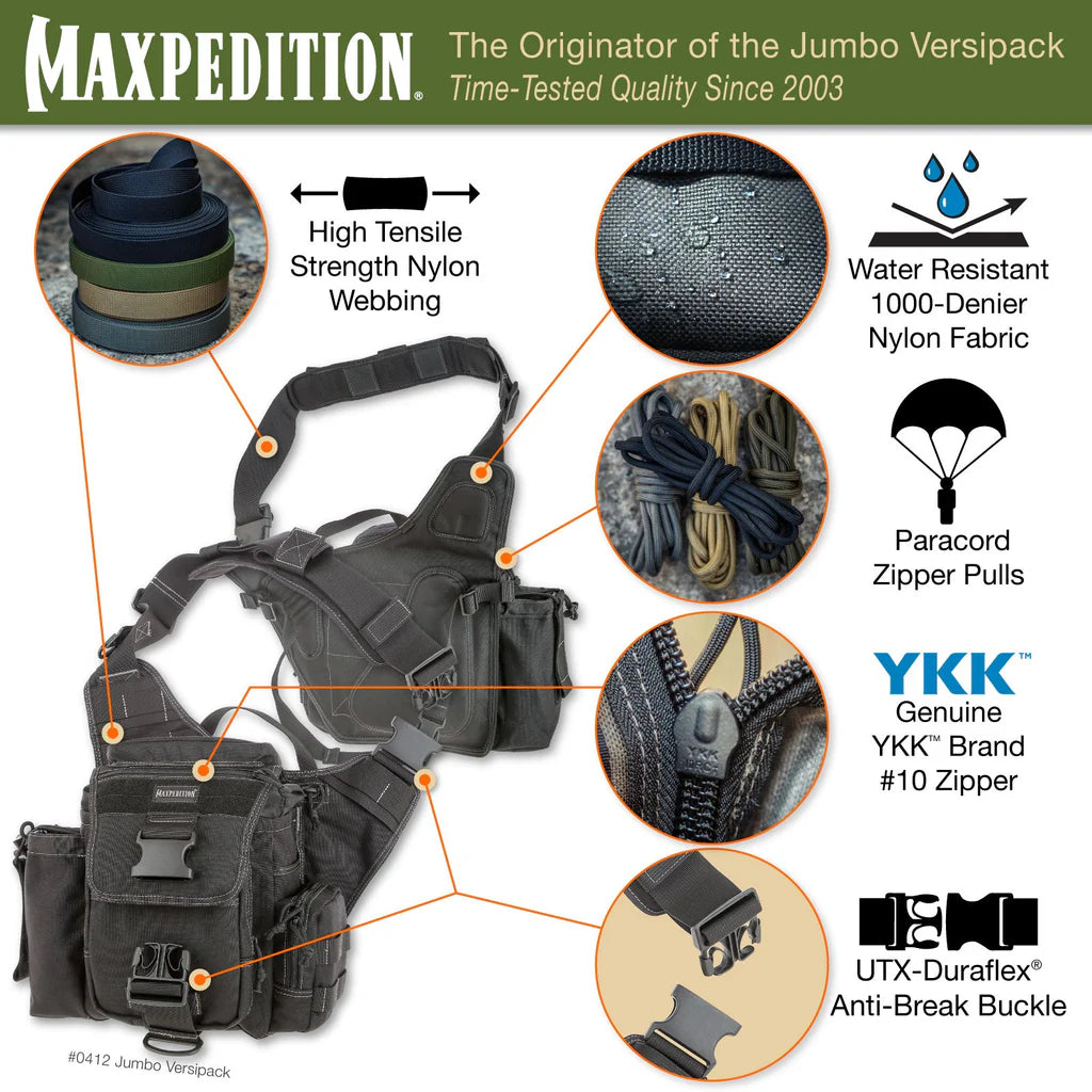 Maxpedition Black Jumbo L.E.O. S-Type Versipack Shoulder Sling Pack Bag 9852B - Blade HQ Maxpedition Black Jumbo L.E.O. S-Type Versipack Shoulder Sling Pack Bag 9852B - Blade HQ