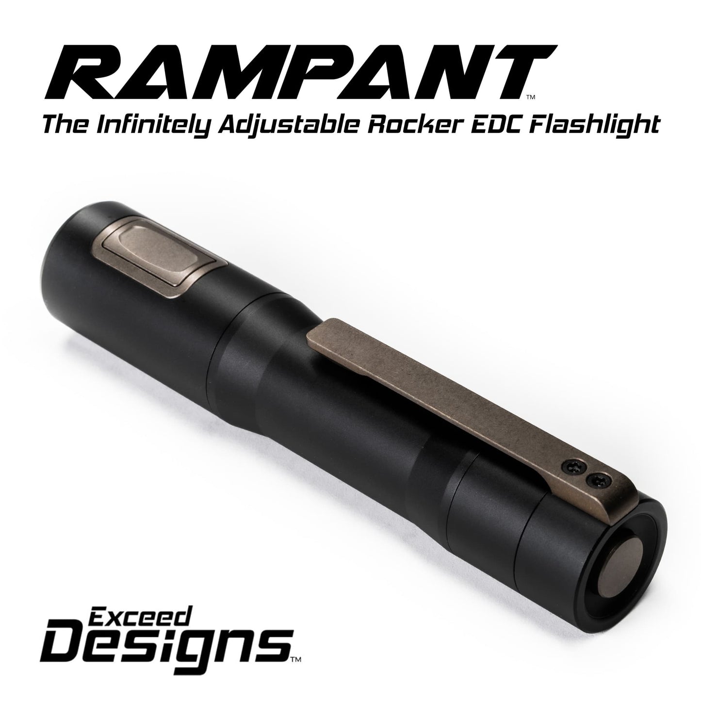 Exceed Designs RAMPANT™ R8 EDC Flashlight (Works Edition BRONZE Ti ANO Clip + Button + Bezel + Jet-Black Aluminum) 1300+ LUMENS Nichia 519A