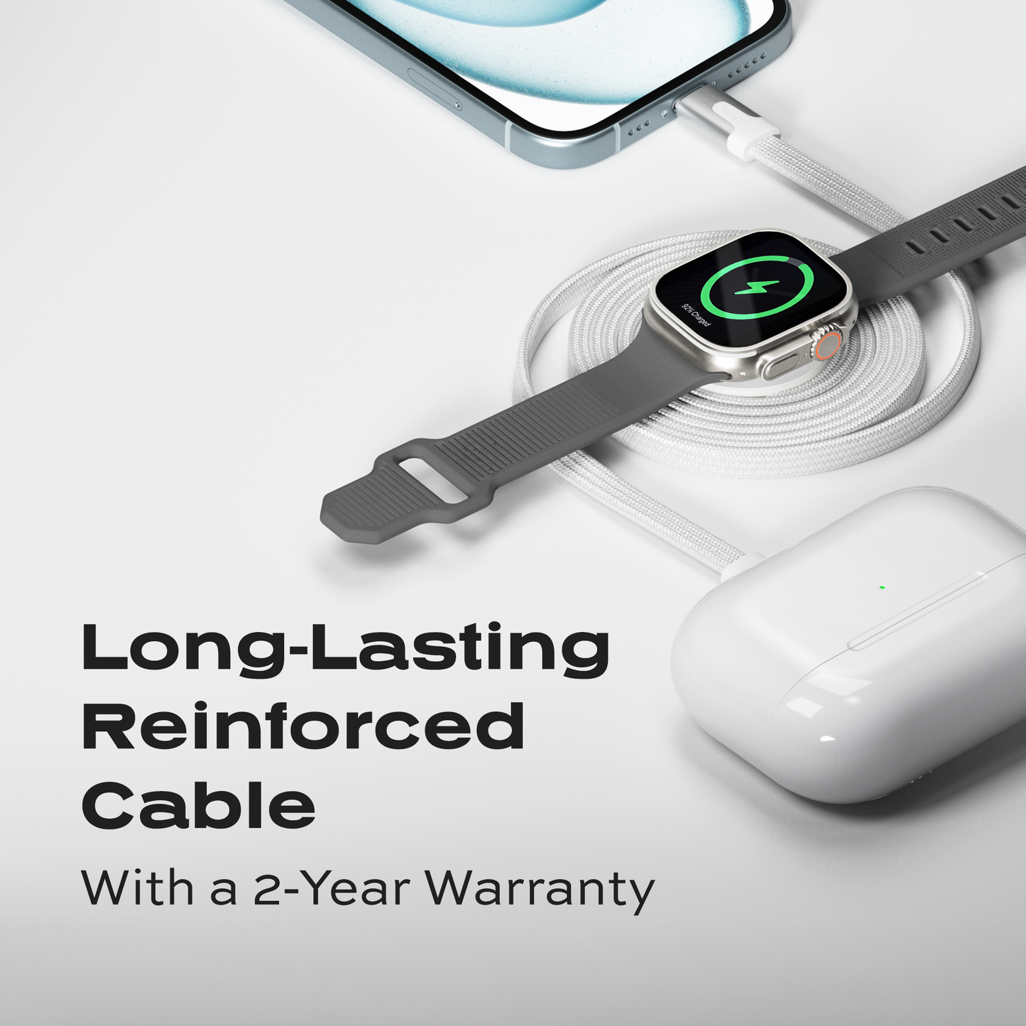 Statik® MagStack Duo USB C Cable with Apple Watch Charger 1.5 m, White