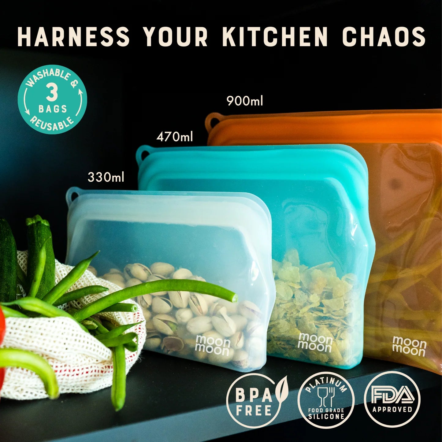 Moonmoon Reusable Silicone Food Bags Slim Pouch 470ml Multi, Set of 3