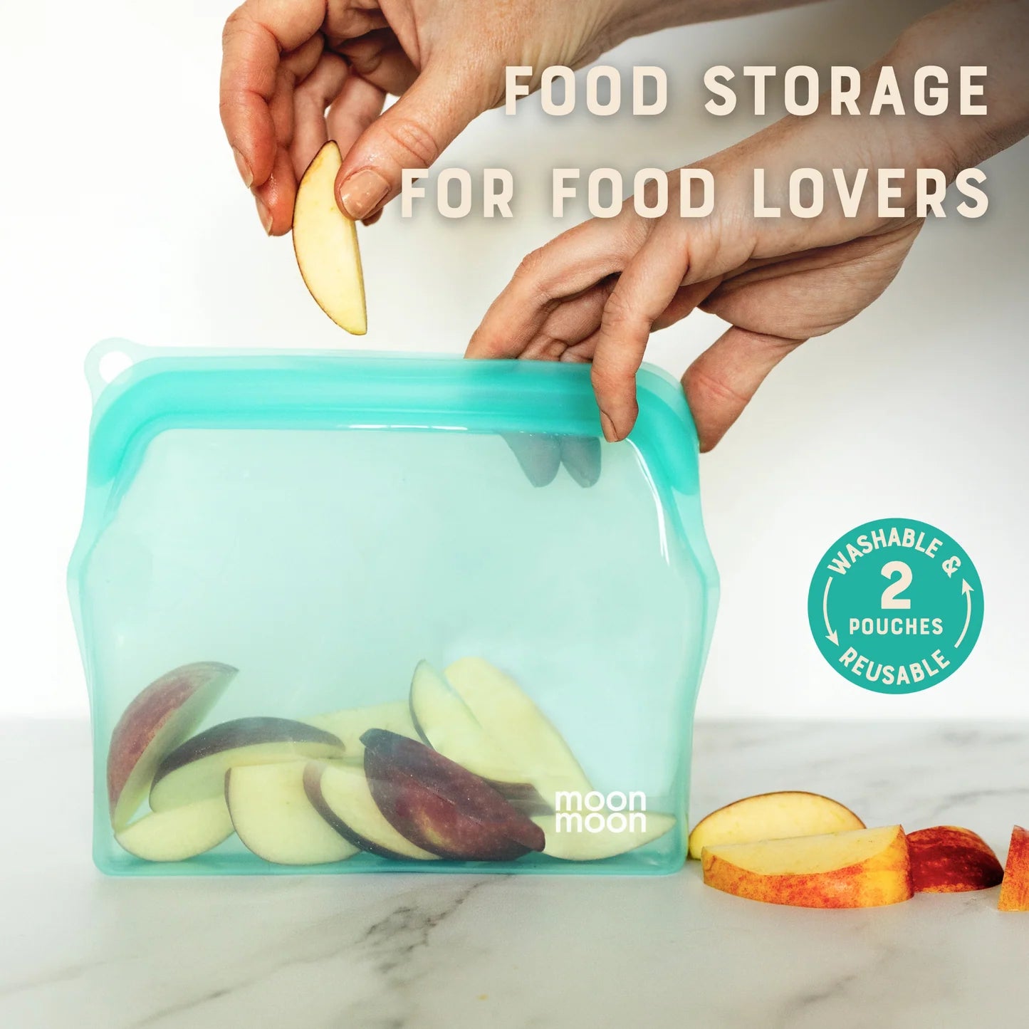 Moonmoon Reusable Silicone Food Bags M Slim Pouch 470ml Set of 2, Turquoise