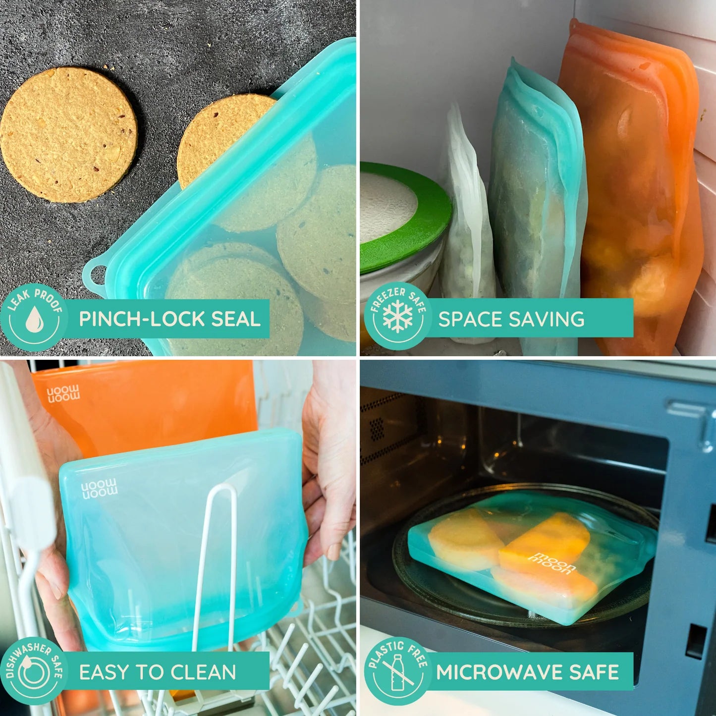 Moonmoon Reusable Silicone Food Bags M Slim Pouch 470ml Set of 2, Turquoise
