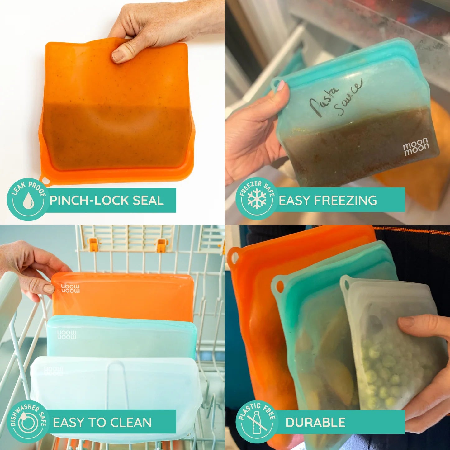 Moonmoon Reusable Silicone Food Bags Slim Pouch 470ml Multi, Set of 3