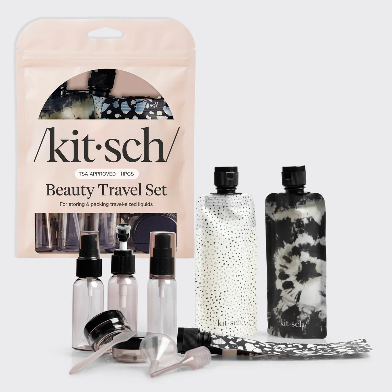 KITSCH Refillable Ultimate Travel 11pc Set, Black & Ivory