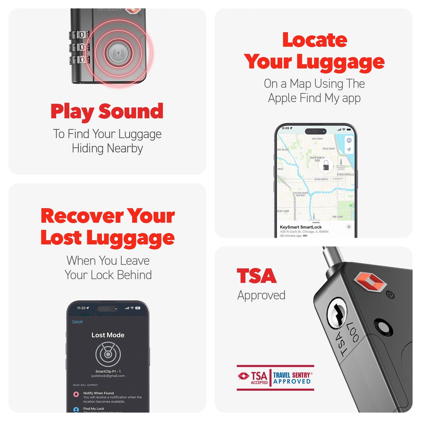 KeySmart® SmartLock Tracking Luggage Lock, Black