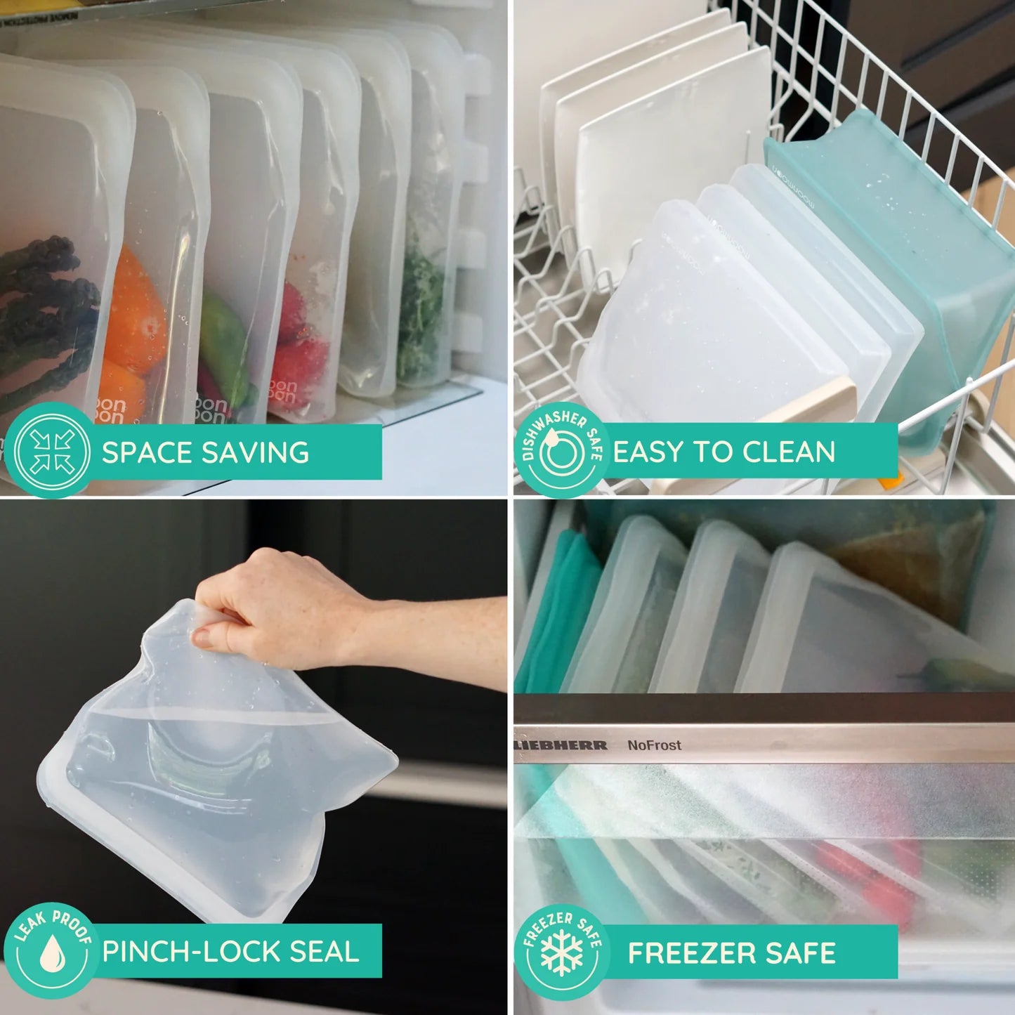 Moonmoon Reusable Silicone Freezer Bags L Slim Pouch 900ml Set of 2, Clear