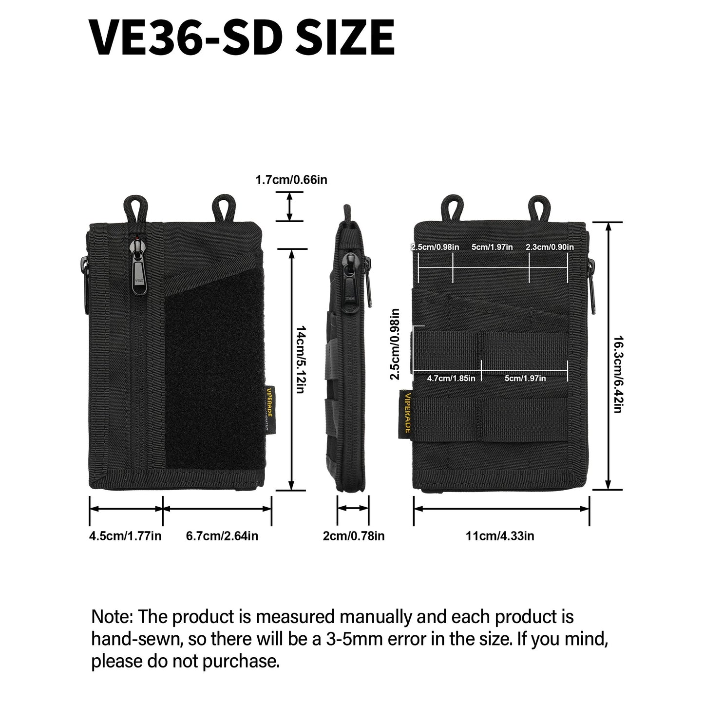 Viperade VE36 Pocket Organizer, VE36-SD (Zipper from side to bottom), Black
