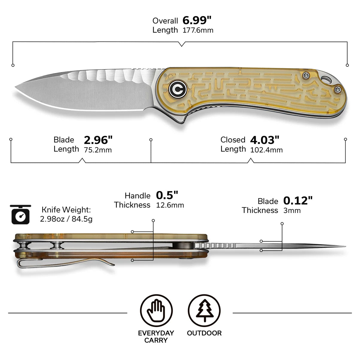 Civivi Elementum, Polished Yellow Ultem / Satin Finished With Rock-Grind Pattern