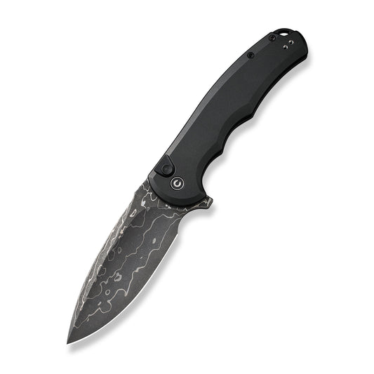 Civivi Button Lock Praxis Flipper Knife, Black Aluminium / Damascus