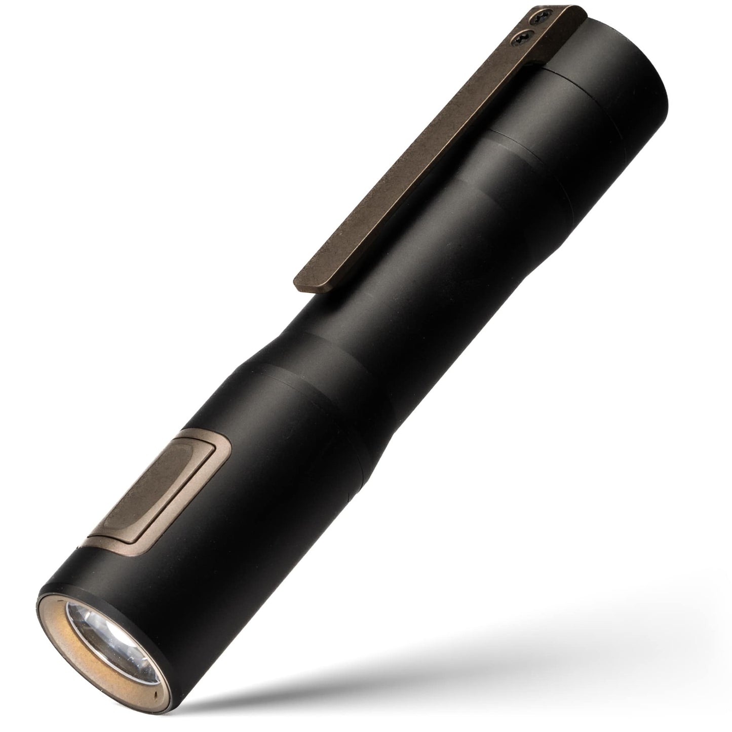 Exceed Designs RAMPANT™ R8 EDC Flashlight (Works Edition BRONZE Ti ANO Clip + Button + Bezel + Jet-Black Aluminum) 1300+ LUMENS Nichia 519A